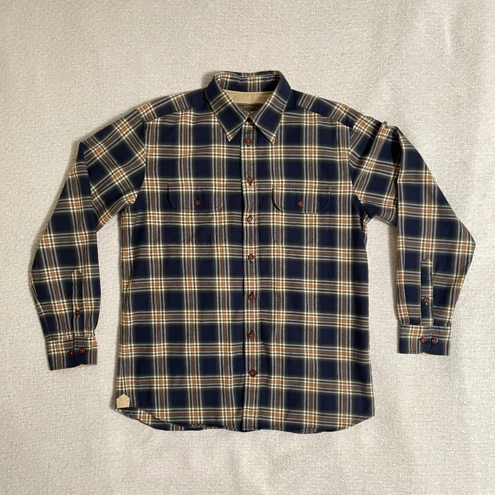 J.L.. Powell flannel button-up blue and tan shirt. Medium. Long sleeve.